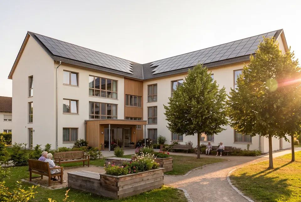 Pflegeheim mit Photovoltaikanlage auf dem Dach und Garten mit Bänken im Abendlicht