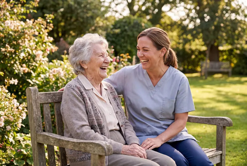 Ältere Bewohnerin und Pflegekraft lachen gemeinsam im sonnigen Garten