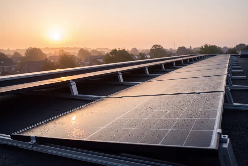 Photovoltaikmodule auf einem Flachdach im Sonnenaufgang